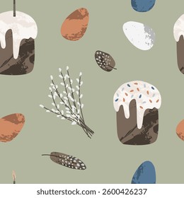 Holy Easter seamless pattern. Cute egg, nest, easter cake, willow, feather. Eco decoration. Vector flat cartoon illustration. Perfect for fabric, textile, wrapping, packaging