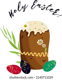 Holy Easter. Traditional sweet bake, easter cake and egg. Vector flat cartoon illustration. Perfect for poster, print, card, invitation, greeting, tag