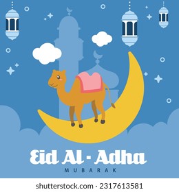 Holy Eid Al Adha Mubarak Cute Banner Cartoon doodle. Islamic and Arabic Greeting flyer for Muslim Community Festival graphic print Vector