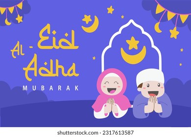 El Santo Eid Al Adha Mubarak Cute caricatura. Volante de saludo islámico y árabe para el Vector gráfico del Festival de la Comunidad Musulmana