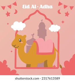 Holy Eid Al Adha Mubarak Cute Banner Cartoon doodle. Islamic and Arabic Greeting flyer for Muslim Community Festival graphic print Vector