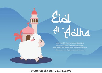 Holy Eid Al Adha Mubarak Cute Banner Cartoon doodle. Islamic and Arabic Greeting flyer for Muslim Community Festival graphic print Vector