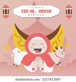 Holy Eid Al Adha Mubarak Cute Banner Cartoon doodle. Islamic and Arabic Greeting flyer for Muslim Community Festival graphic print Vector