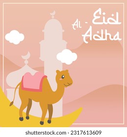 Holy Eid Al Adha Mubarak Cute Banner Cartoon doodle. Islamic and Arabic Greeting flyer for Muslim Community Festival graphic print Vector