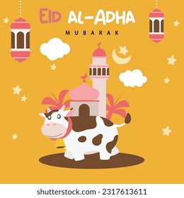 Holy Eid Al Adha Mubarak Cute Banner Cartoon doodle. Islamic and Arabic Greeting flyer for Muslim Community Festival graphic print Vector