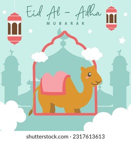 El Santo Eid Al Adha Mubarak Cute caricatura. Volante de saludo islámico y árabe para el Vector gráfico del Festival de la Comunidad Musulmana