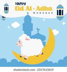 Holy Eid Al Adha Mubarak Cute Banner Cartoon doodle. Islamic and Arabic Greeting flyer for Muslim Community Festival graphic print Vector