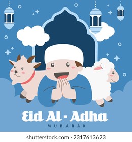 Heiliger Eid Al Adha Mubarak Cute Banner Cartoon Doodle. Islamischer und arabischer Grußflyer für den grafischen Ausdruck "Muslim Community Festival", Vektorgrafik