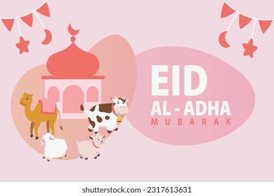 Heiliger Eid Al Adha Mubarak Cute Banner Cartoon Doodle. Islamischer und arabischer Grußflyer für den grafischen Ausdruck "Muslim Community Festival", Vektorgrafik
