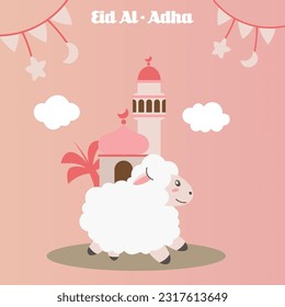 Holy Eid Al Adha Mubarak Cute Banner Cartoon doodle. Islamic and Arabic Greeting flyer for Muslim Community Festival graphic print Vector