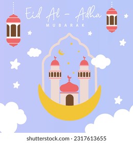 Holy Eid Al Adha Mubarak Cute Banner Cartoon doodle. Islamic and Arabic Greeting flyer for Muslim Community Festival graphic print Vector