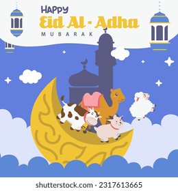 Holy Eid Al Adha Mubarak Cute Banner Cartoon doodle. Islamic and Arabic Greeting flyer for Muslim Community Festival graphic print Vector