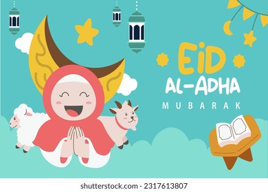 Holy Eid Al Adha Mubarak Cute Banner Cartoon doodle. Islamic and Arabic Greeting flyer for Muslim Community Festival graphic print Vector
