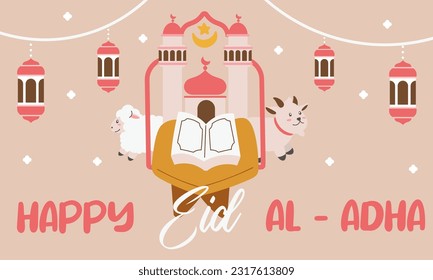 Holy Eid Al Adha Mubarak Cute Banner Cartoon doodle. Islamic and Arabic Greeting flyer for Muslim Community Festival graphic print Vector