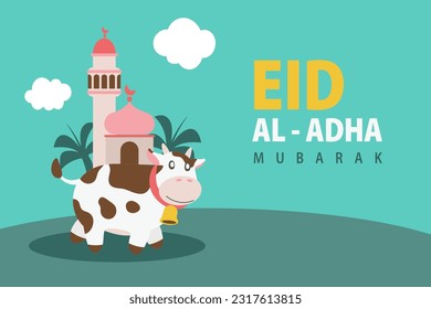 Holy Eid Al Adha Mubarak Cute Banner Cartoon doodle. Islamic and Arabic Greeting flyer for Muslim Community Festival graphic print Vector
