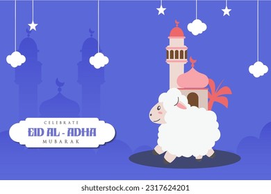 Holy Eid Al Adha Mubarak Cute Banner Cartoon doodle. Islamic and Arabic Greeting flyer for Muslim Community Festival graphic print Vector