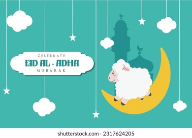 Holy Eid Al Adha Mubarak Cute Banner Cartoon doodle. Islamic and Arabic Greeting flyer for Muslim Community Festival graphic print Vector