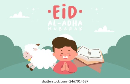 Holy Eid Al Adha Mubarak Cute Banner Cartoon doodle