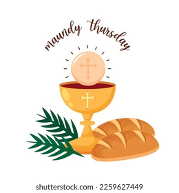 holy eucharist between breads and palms. maundy thursday .vector illustration