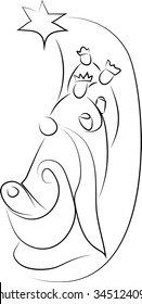 Holy family abstract nativity Christmas vector illustration, Mary, Joseph and Jesus, a star and three kings or three wise men bringing gifts