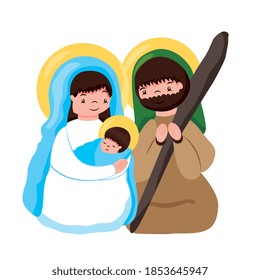 holy family in adoration to baby jesus isolated. vector cartoon