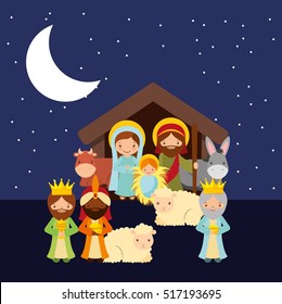 holy family with animals over night background. religious manger scene. colorful design. vector illustration