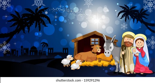Holy Family in Bethlehem the night and hut donkey   ox  transparency blending effects   gradient mesh  EPS10