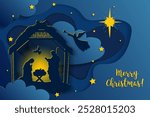 Holy Family Birth of Christ 3d paper cut. Baby Jesus in the manger. Three wise kings and star of Bethlehem - east comet. Nativity Christmas graphics design, vector illustration.