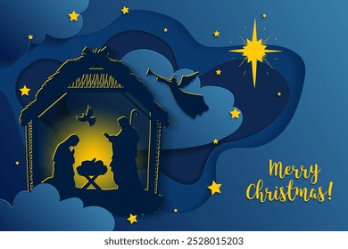 Holy Family Birth of Christ 3d paper cut. Baby Jesus in the manger. Three wise kings and star of Bethlehem - east comet. Nativity Christmas graphics design, vector illustration.