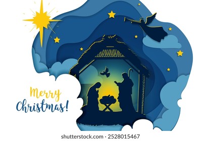 Holy Family Birth of Christ 3d paper cut. Baby Jesus in the manger. Three wise kings and star of Bethlehem - east comet. Nativity Christmas graphics design, vector illustration.