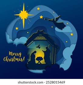 Sagrada Familia Nacimiento de Cristo 3d papel cortado. Niño Jesús en el pesebre. Tres reyes sabios y estrella de Belén - cometa oriental. Diseño gráfico de Navidades de la Natividad, Ilustración vectorial.