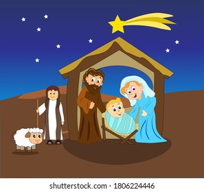 holy family in cartoon style with shepherd and sheep