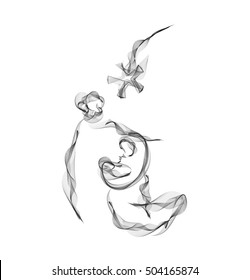 Holy family Christmas abstract nativity drawing, vector illustration, Mary Joseph and Jesus