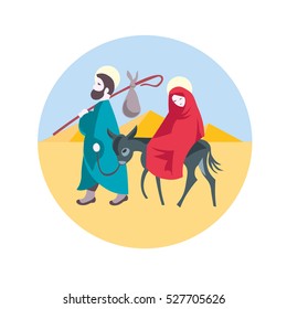 Holy family, flight to Egypt. Joseph, Mary and child Jesus, on a donkey, walking in Egyptian desert Illustration