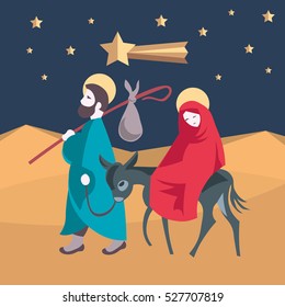 Holy Family, Flight To Egypt. Joseph, Mary And Child Jesus, On A Donkey, Walking In Egyptian Desert Illustration