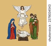Holy Family, Jesus, Mary and Joseph, with Angel in Christmas Nativity Scene Colorful Vector Illustration. Translation of the text in Latin: Glory