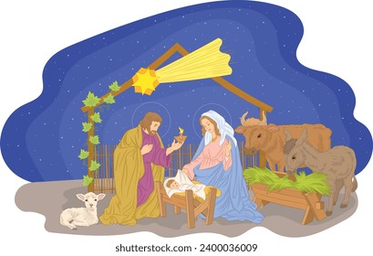 Holy Family, Jesus, Mary and Joseph, with Angel in Christmas Nativity Scene