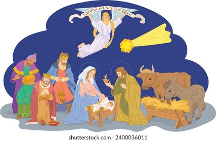 Holy Family, Jesus, Mary and Joseph, with Angel in Christmas Nativity Scene