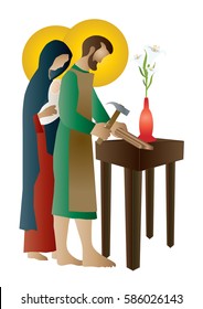 Holy family of Jesus, Mary and St Joseph the worker. Artistic abstract religious vector design.