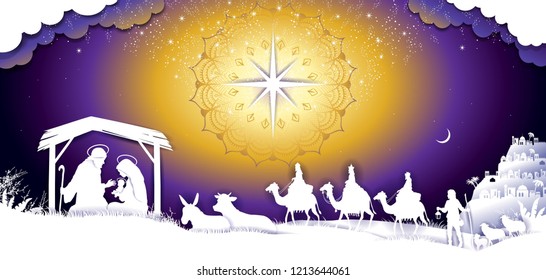 The Holy Family Landscape Nativity Scene in Bethlehem With Wise Men-transparency blending effects and gradient mesh-EPS10