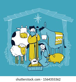 Holy family manger scene with animals. card of merry christmas. Pesebre. vector illustration