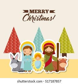 holy family manger scene with animals. card of merry christmas colorful design. vector illustration