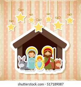 holy family manger scene with animals and decorative stars hanging. merry christmas colorful design. vector illustration