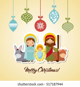 holy family manger scene with decorative balls hanging. merry christmas colorful design. vector illustration