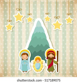 holy family manger scene with decorative stars hanging. merry christmas colorful design. vector illustration