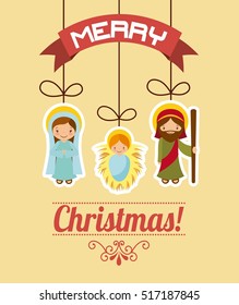 holy family manger scene. merry christmas card colorful design. vector illustration