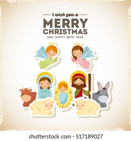holy family manger scene. merry christmas and happy new year card colorful design. vector illustration