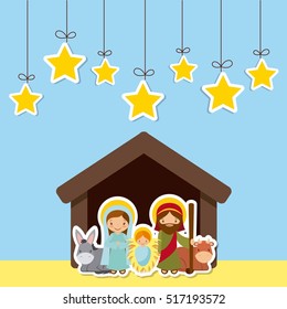 Holy Family In Manger Scene Over Blue Background. Colorful Design. Vector Illustration