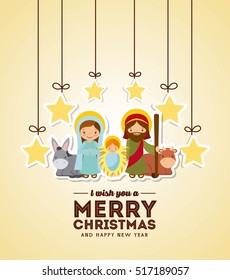 holy family manger scene with stars hanging. merry christmas colorful design. vector illustration