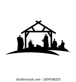 holy family mangers characters in stable with kings wise black silhouettes vector illustration design